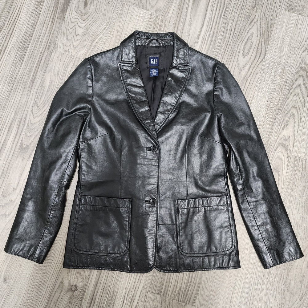 Vintage Y2k Gap Leather Jacket Womens Small Black Motorcycle Grunge Moto
